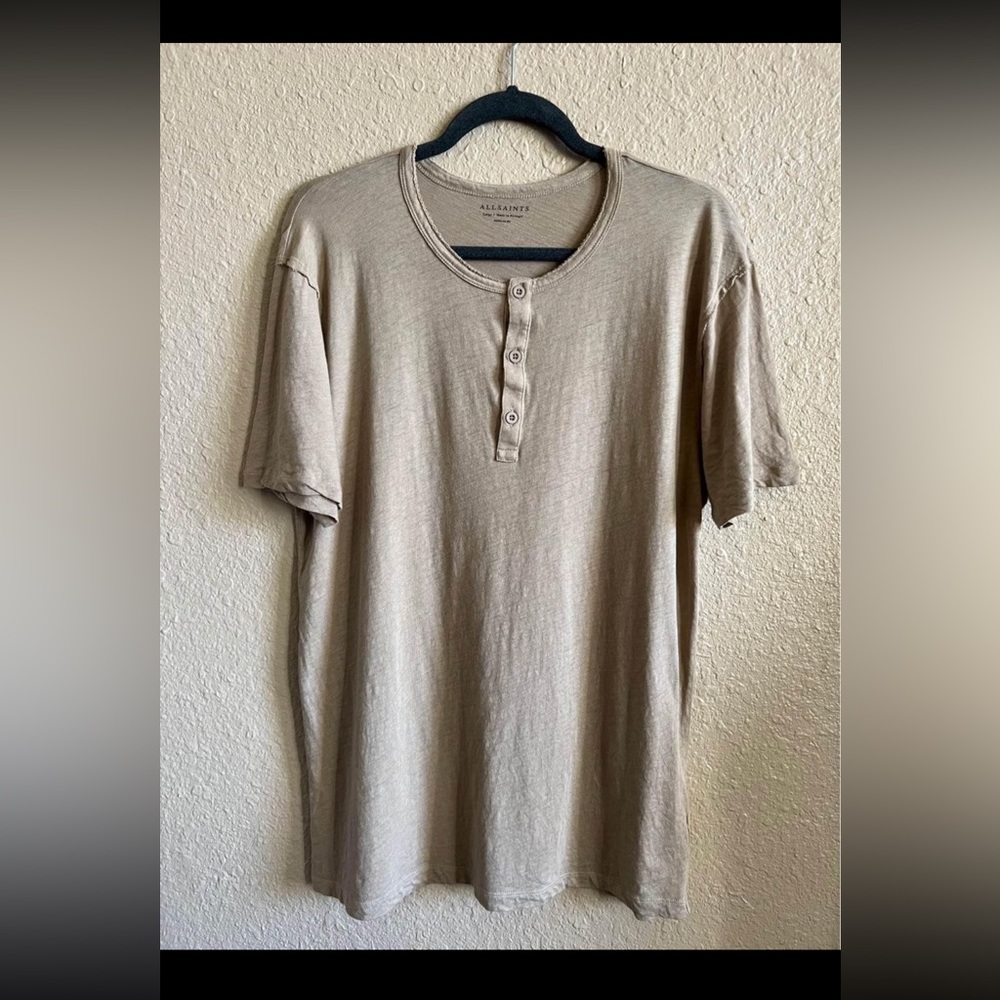 All Saints Men’s short sleeve figure henley cotton tshirt